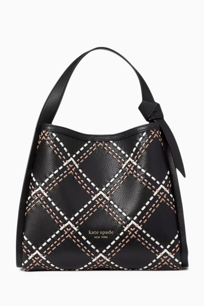 

Medium Knott Plaid Stitched Crossbody Tote Bag in Leather, Black