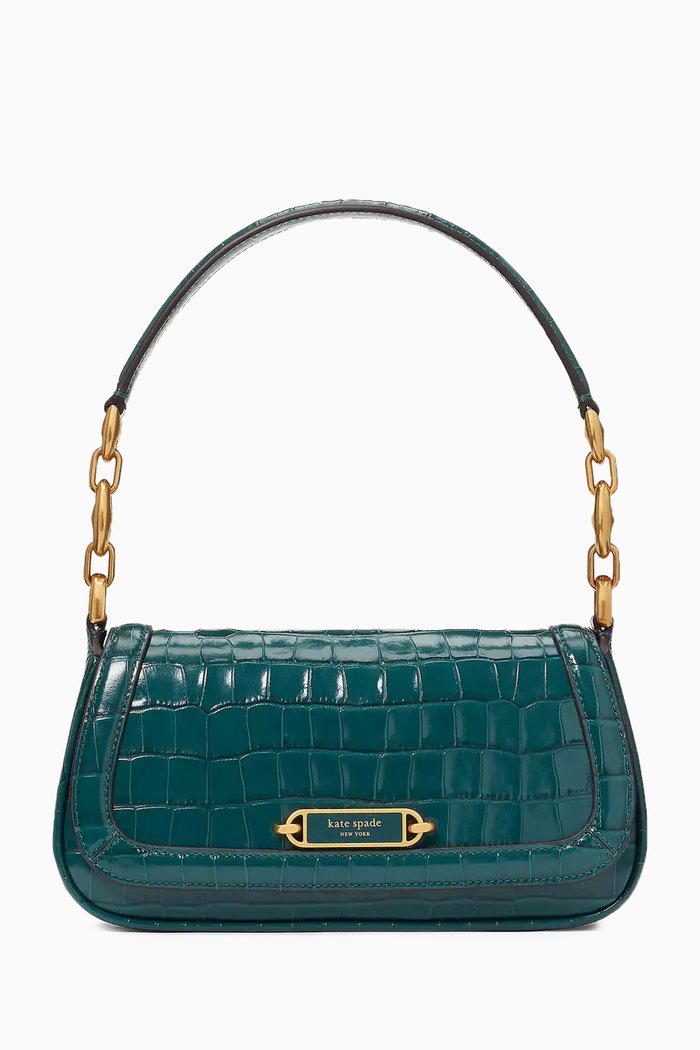 Small Gramercy Flap Shoulder Bag in Croc-embossed Leather, Green