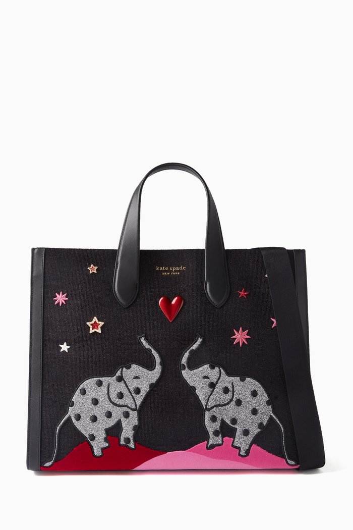 

Large Manhattan Ellie Embroidered Tote Bag in Chenille, Black