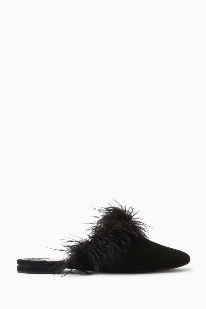 

Marabou Feather Slides in Suede, Black