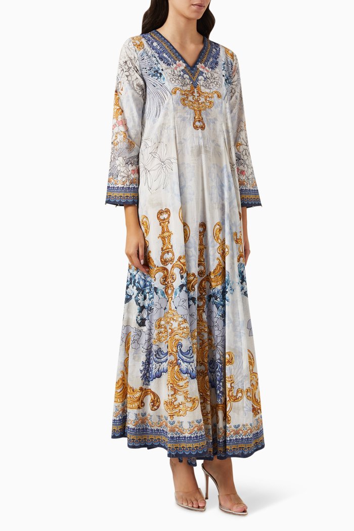 Printed Jalabiya Dress in Cotton, Blue