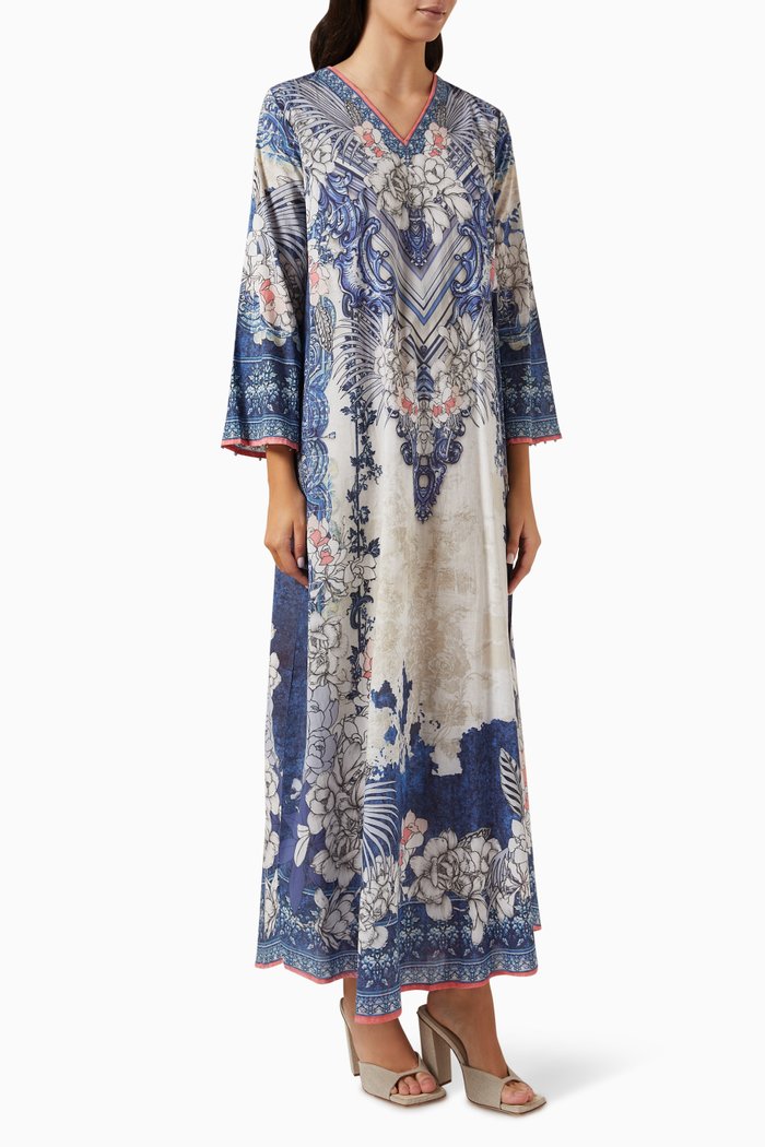 Printed Kaftan in Cotton, Blue
