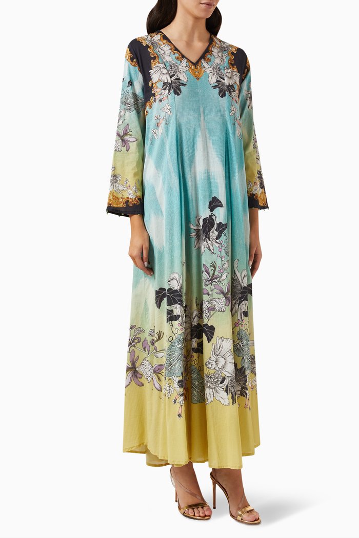 

Printed Jalabiya Dress in Cotton, Yellow
