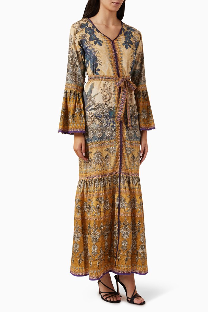 Printed Jalabiya Dress in Cotton, Yellow