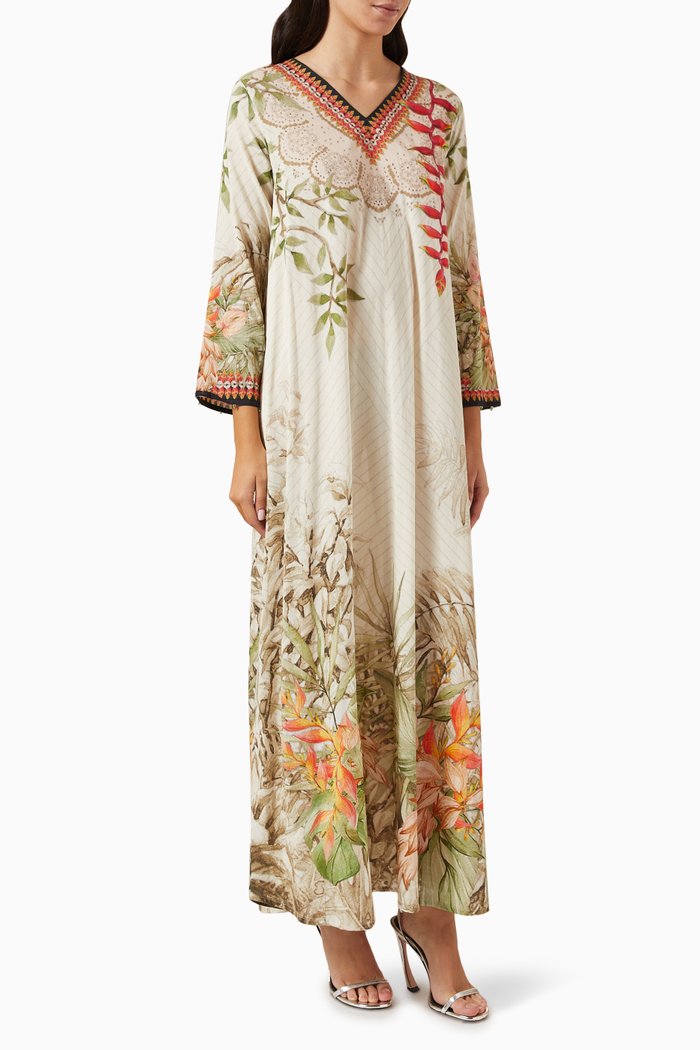 Printed Jalabiya Dress in Cotton, Neutral