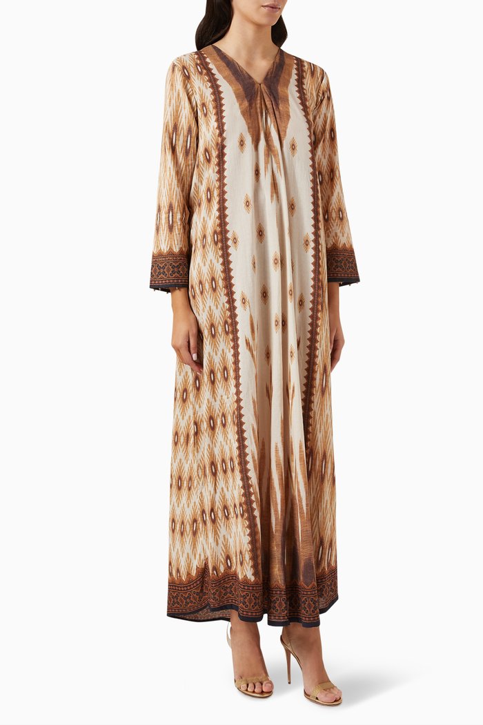 Printed Jalabiya Dress in Cotton, Brown