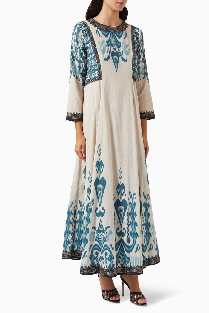 

Printed Jalabiya Dress in Cotton, Blue