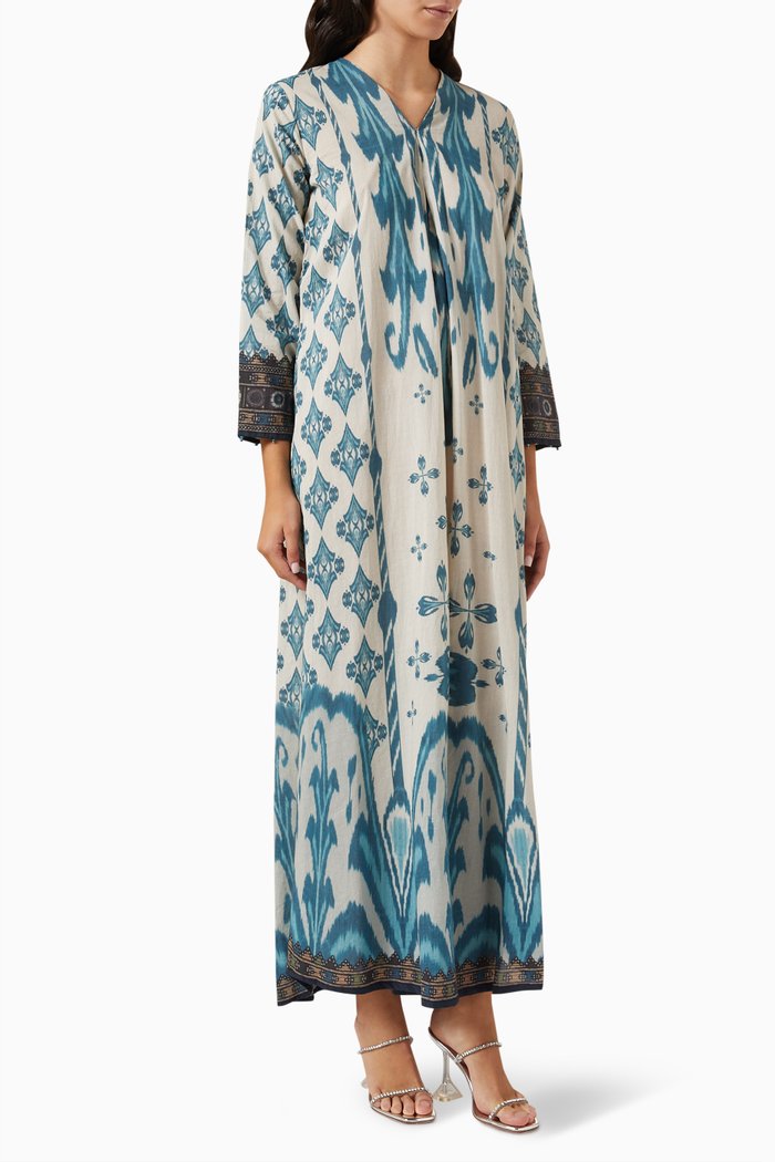 

Printed Jalabiya Dress in Cotton, Blue