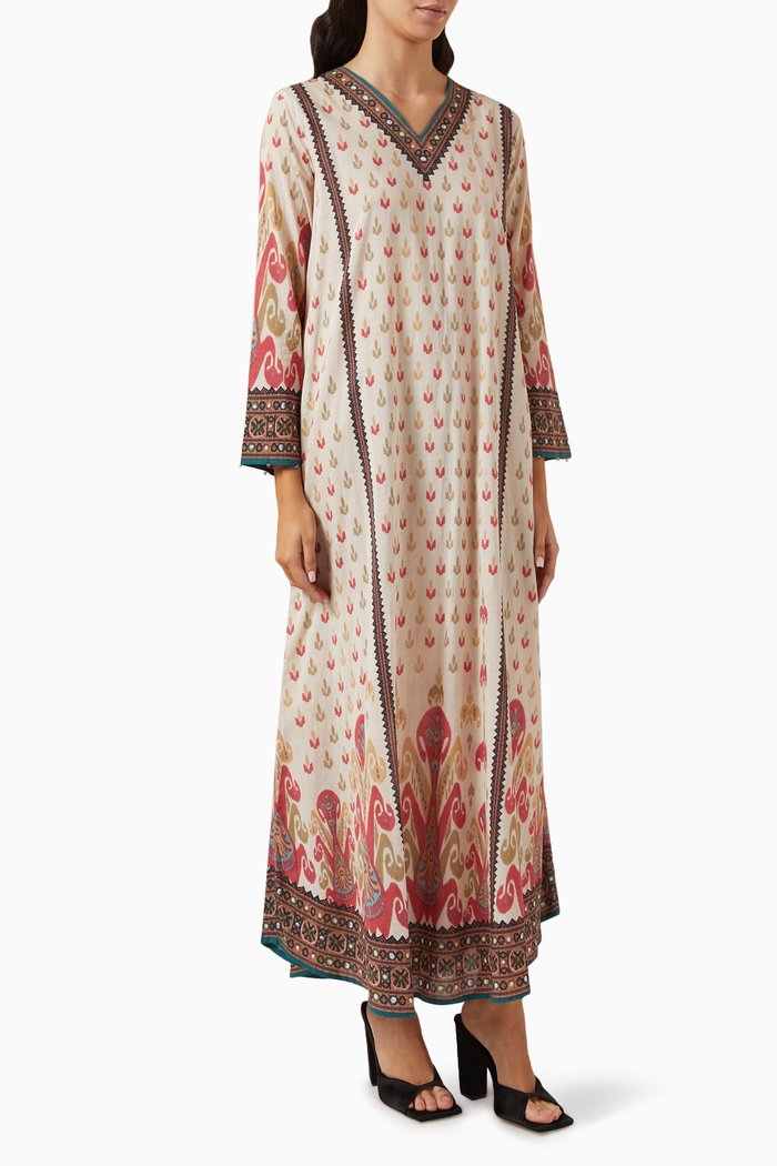 Printed Jalabiya Dress in Cotton, Pink