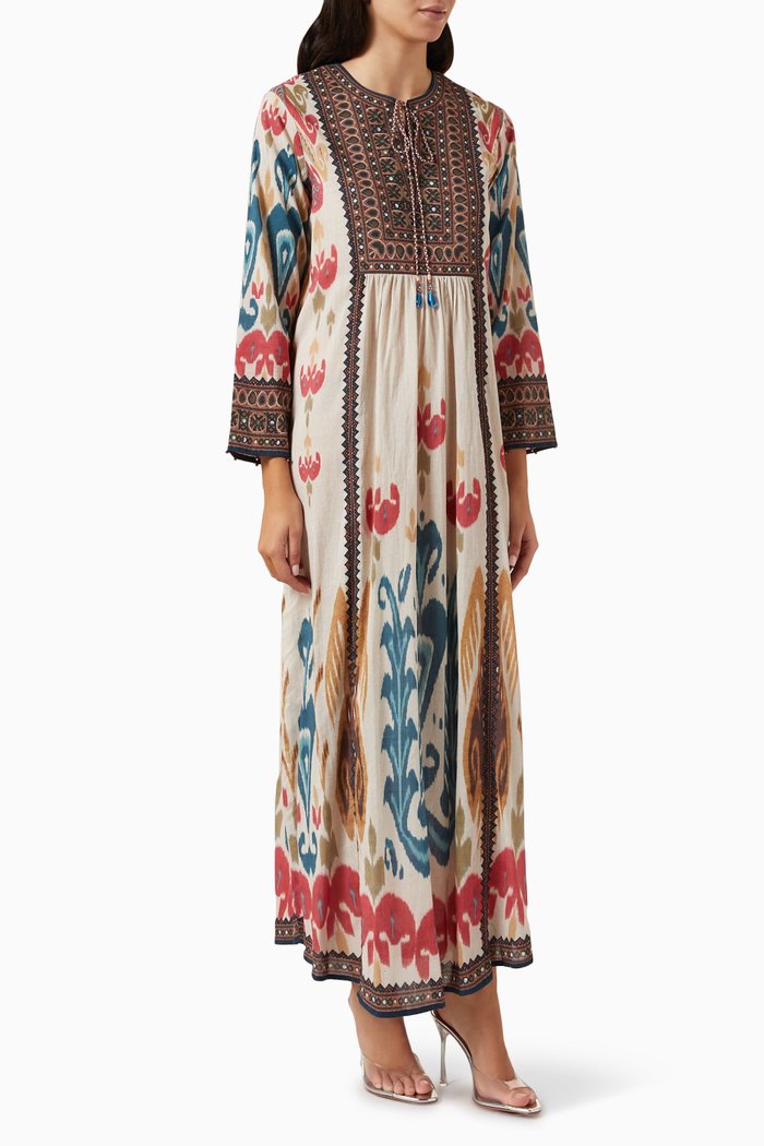 

Printed Panelled Kaftan Dress in Cotton, Multicolour