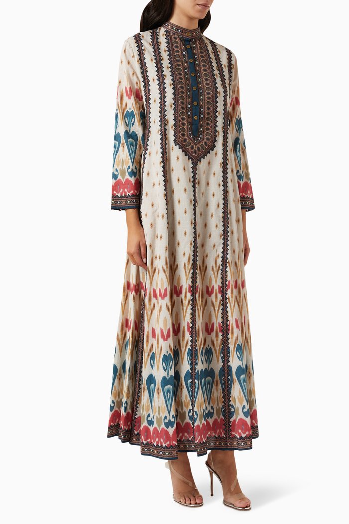 

Panelled Jalabiya Dress in Cotton, Multicolour