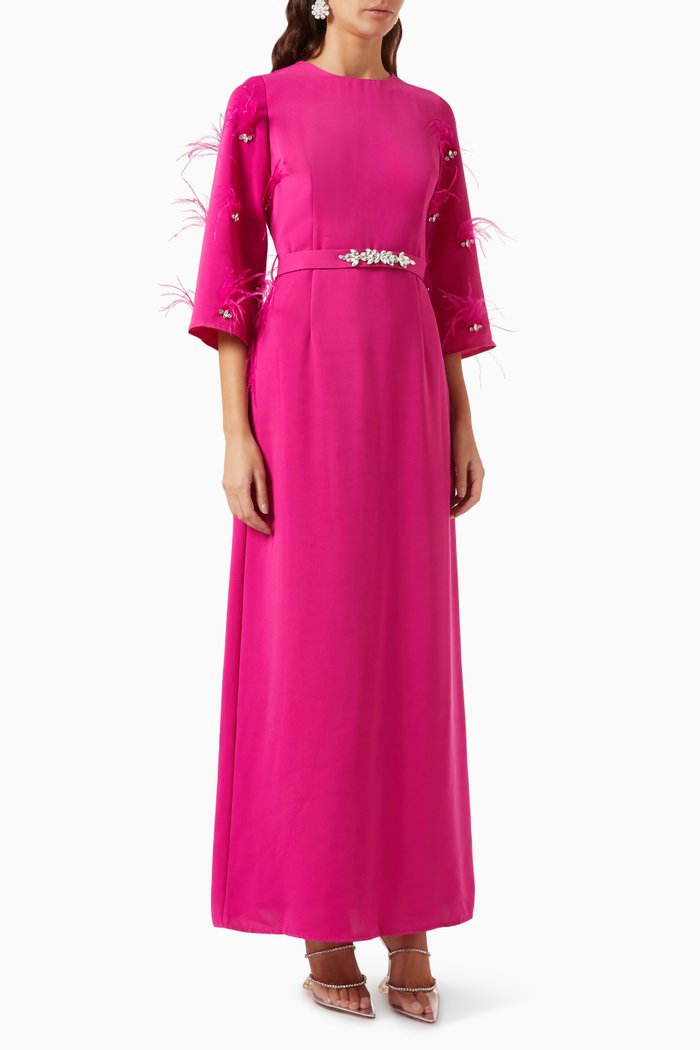 

Jeweled Belted Maxi Dress in Crepe, Pink