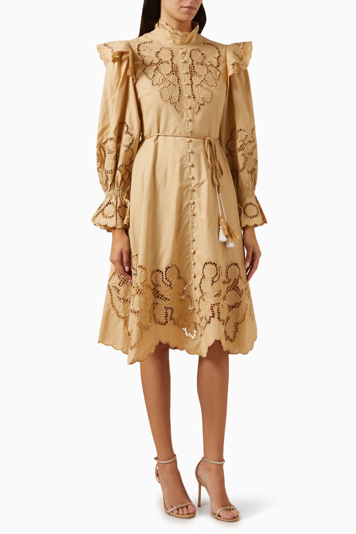 

Ruffle-trimmed Midi Dress in Cotton-hemp Blend, Neutral