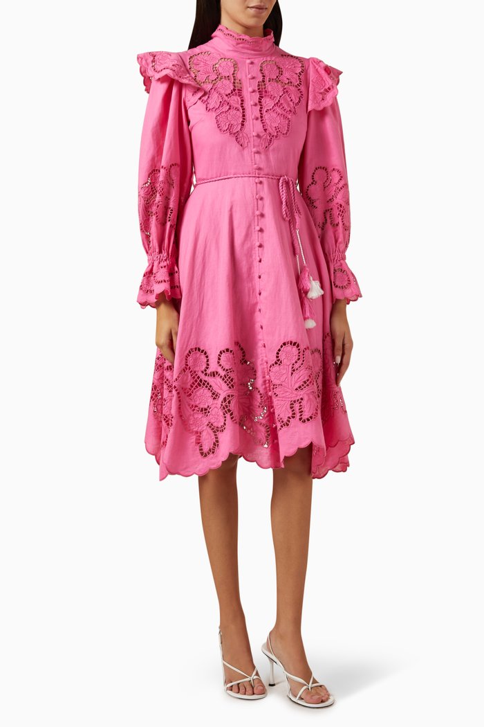 

Ruffle-trimmed Midi Dress in Cotton-hemp Blend, Pink