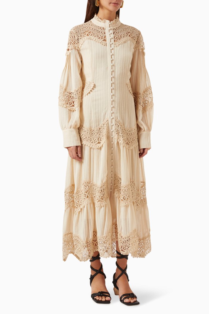

Lace Panel Midi Dress in Cotton, Neutral
