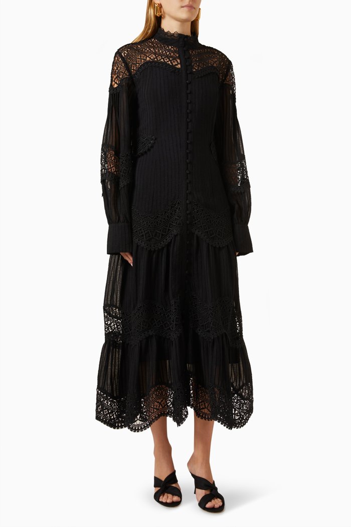 Lace Panel Midi Dress in Cotton, Black