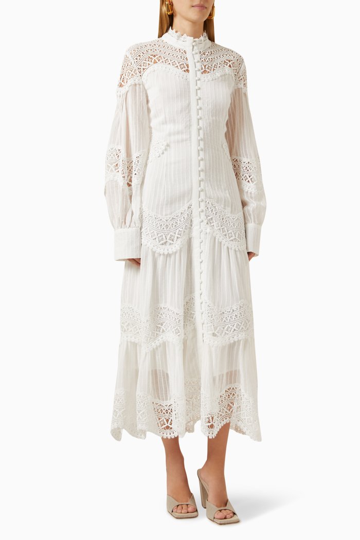 Lace Panel Midi Dress in Cotton, White
