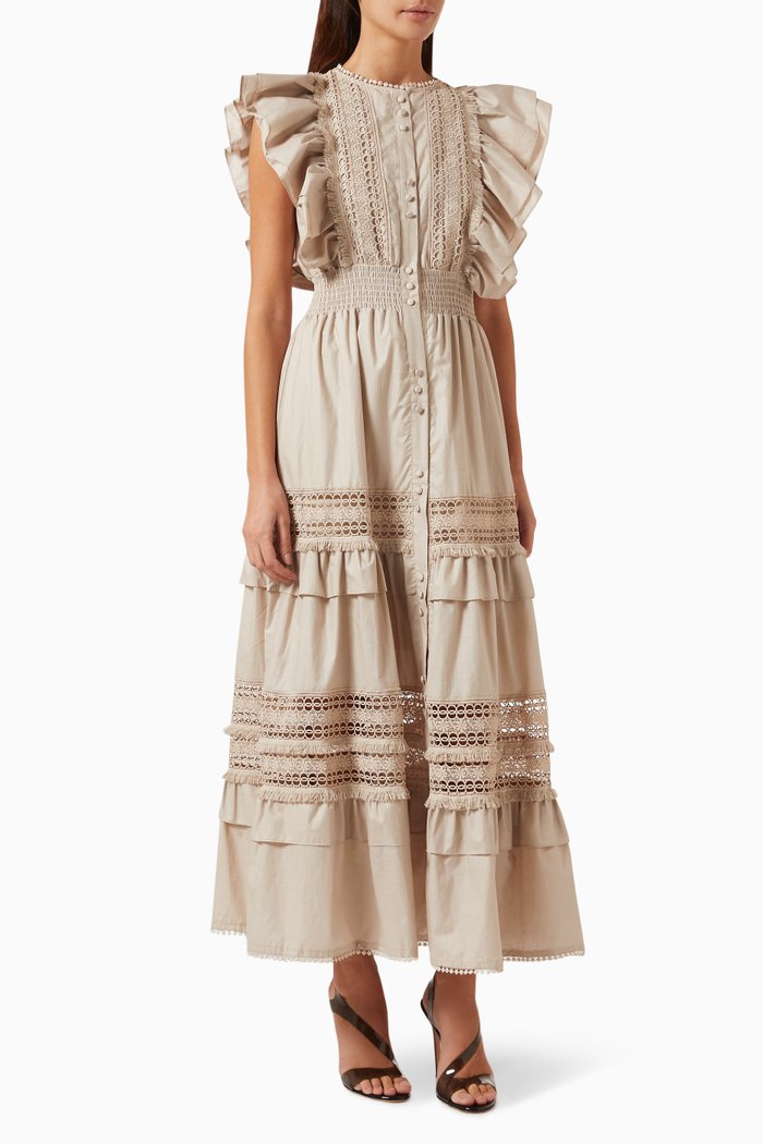 

Lace-trim Ruffled Maxi Dress, Neutral