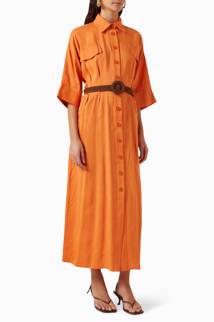 

Belted Shirt Maxi Dress in Linen, Orange