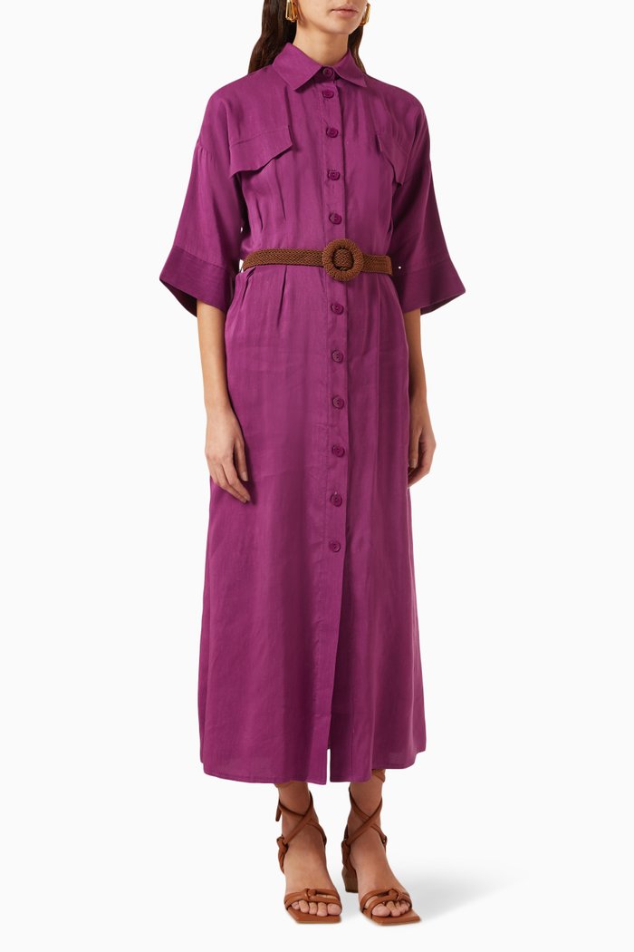 

Belted Shirt Maxi Dress in Linen, Purple