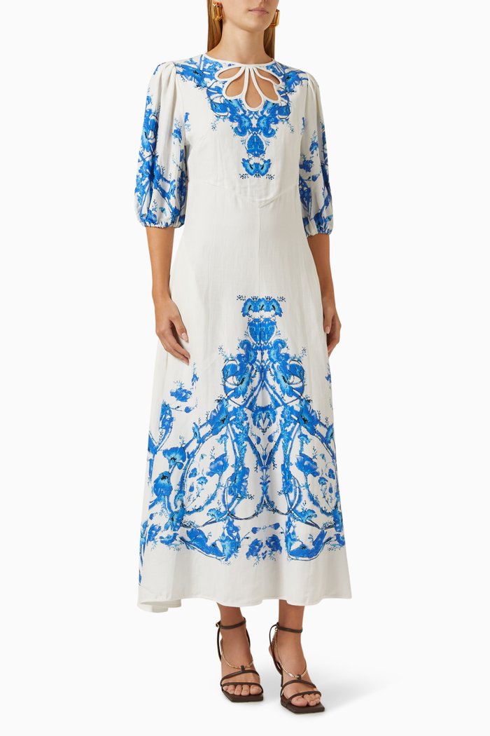 

Printed Maxi Dress in Linen, Blue