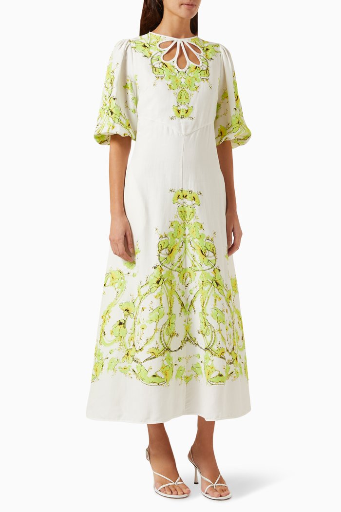 

Printed Maxi Dress in Linen, Green