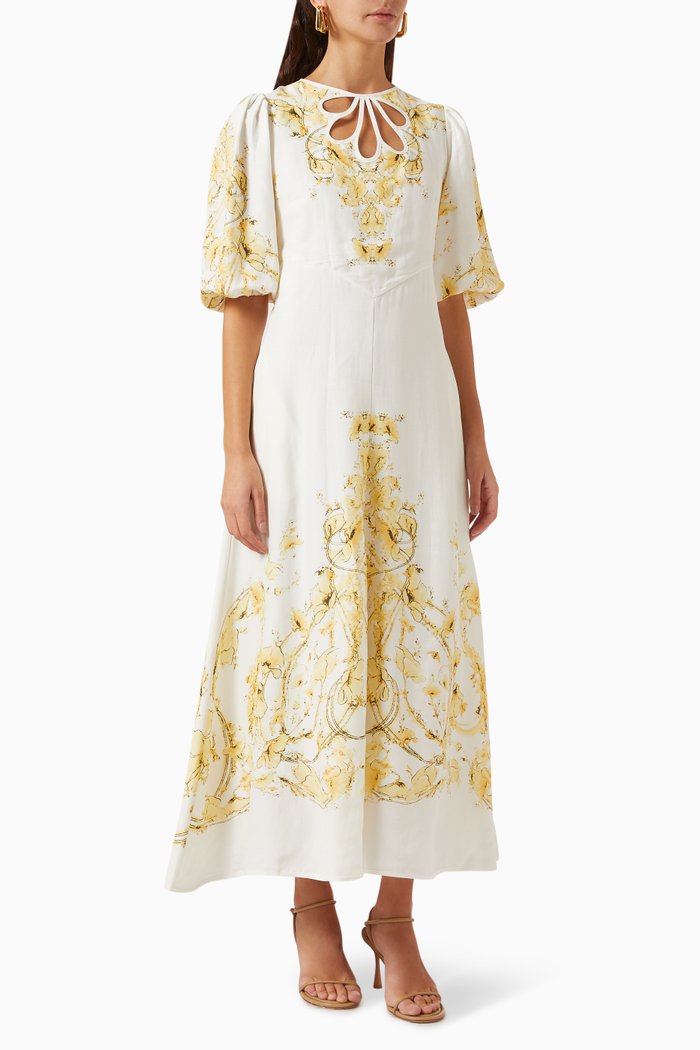 

Printed Maxi Dress in Linen, Yellow