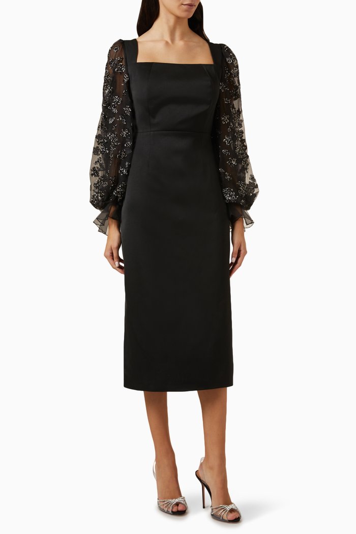 

Tulle Floral-print Sleeves Maxi Dress in Crepe, Black