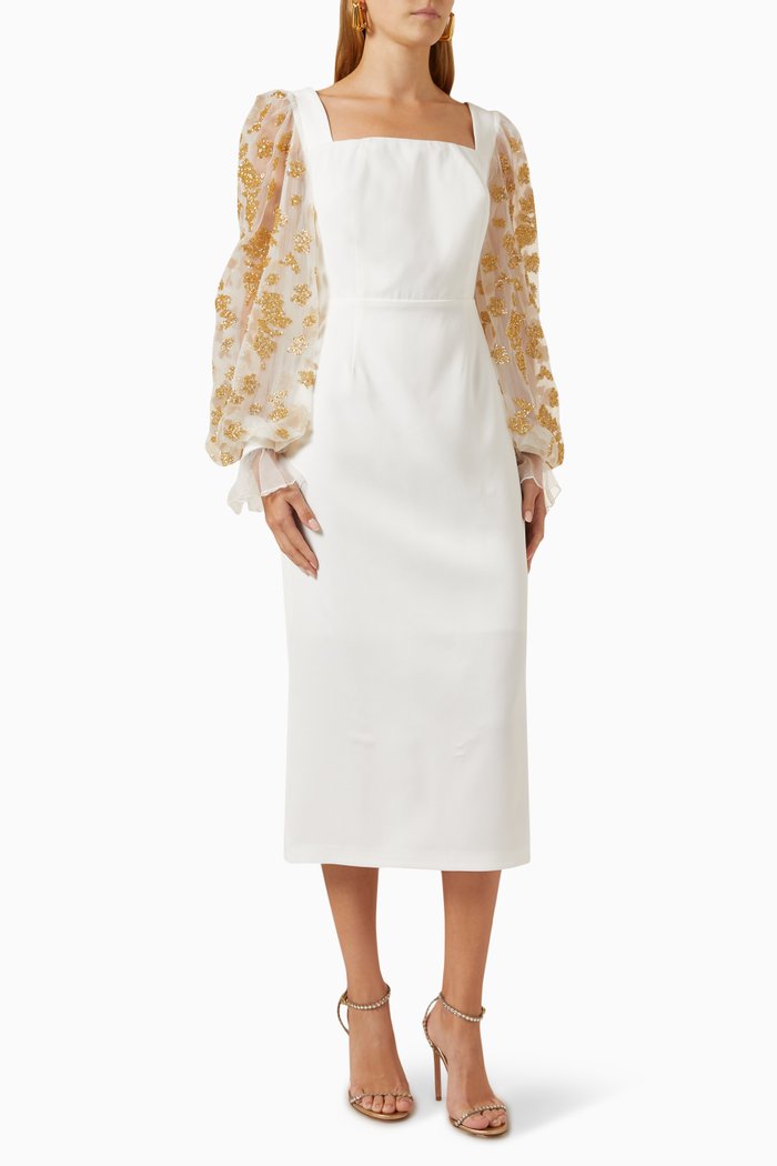 Tulle Floral-print Sleeves Maxi Dress in Crepe, White