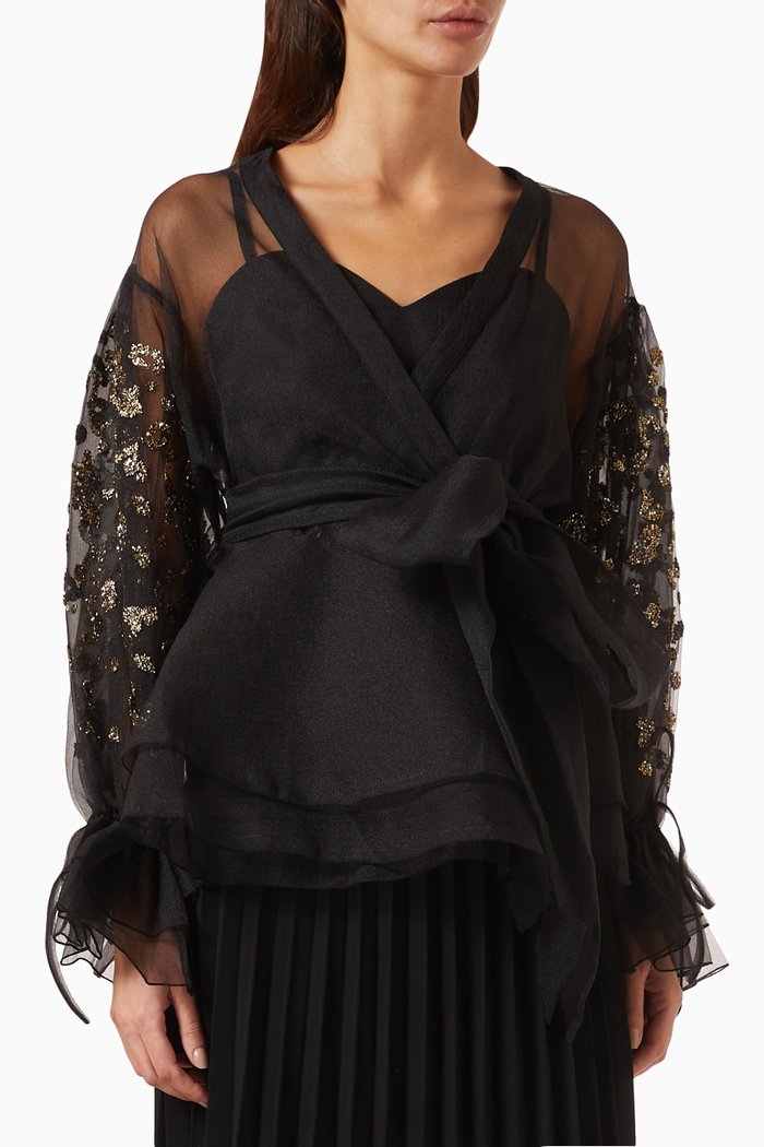 Glitter Sleeves Tie-up Shirt in Tulle, Black