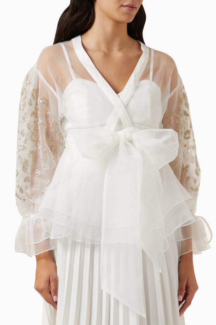 

Glitter Sleeves Tie-up Shirt in Tulle, White