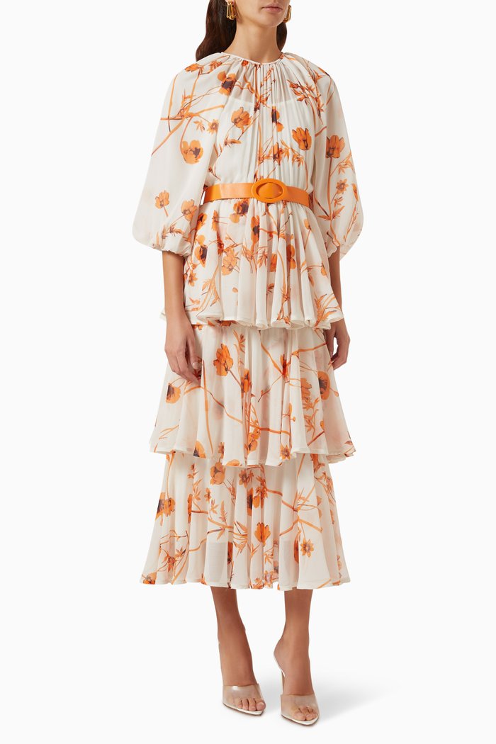 

Floral-print Tiered Midi Dress, Orange