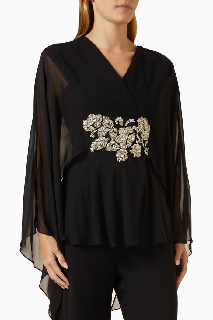 Embellished-belt Blouson Top in Crepe, Black