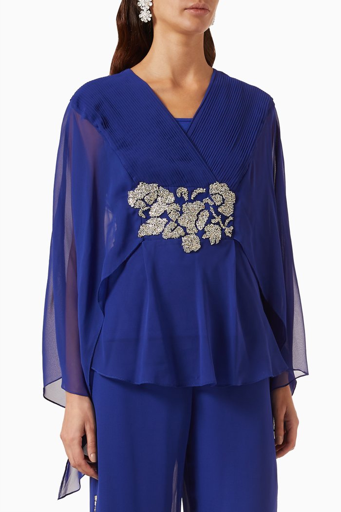 

Embellished-belt Blouson Top in Crepe, Blue