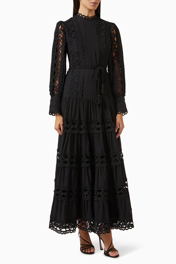 

Lace-up Tiered Midi Dress, Black