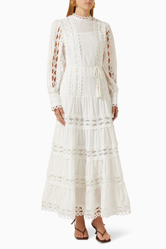 

Lace-up Tiered Midi Dress, White