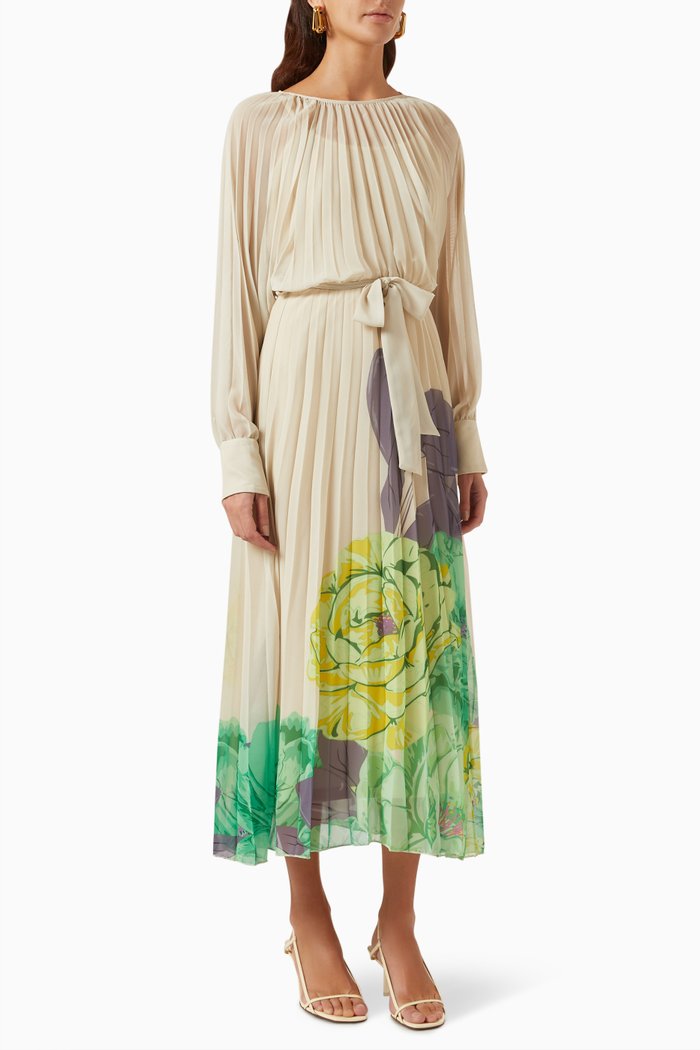 Floral-print Pleated Midi Dress, Green