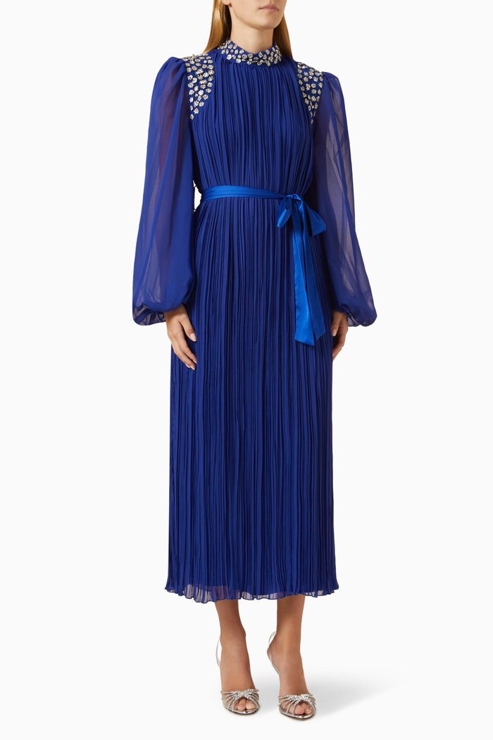 Embellished Pleated Maxi Dress, Blue