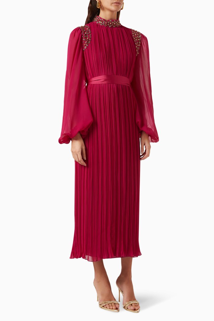 Embellished Pleated Maxi Dress, Pink