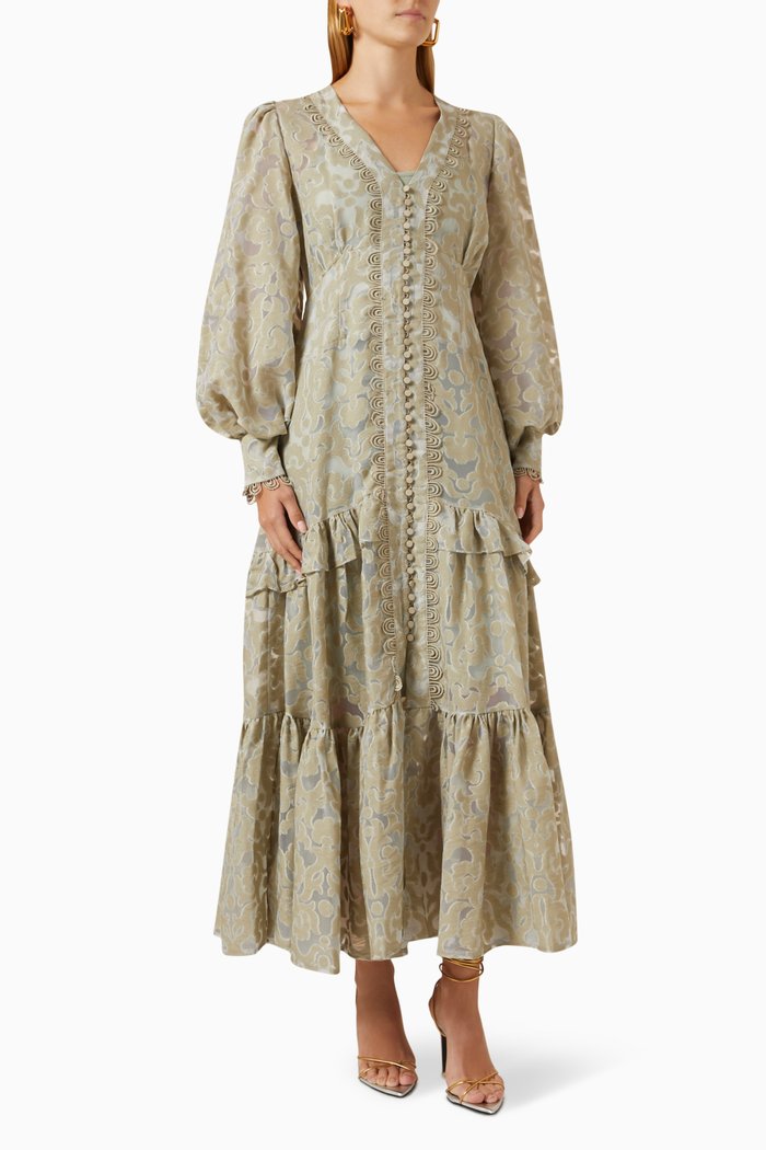 Printed Ruffled Midi Dress, Green