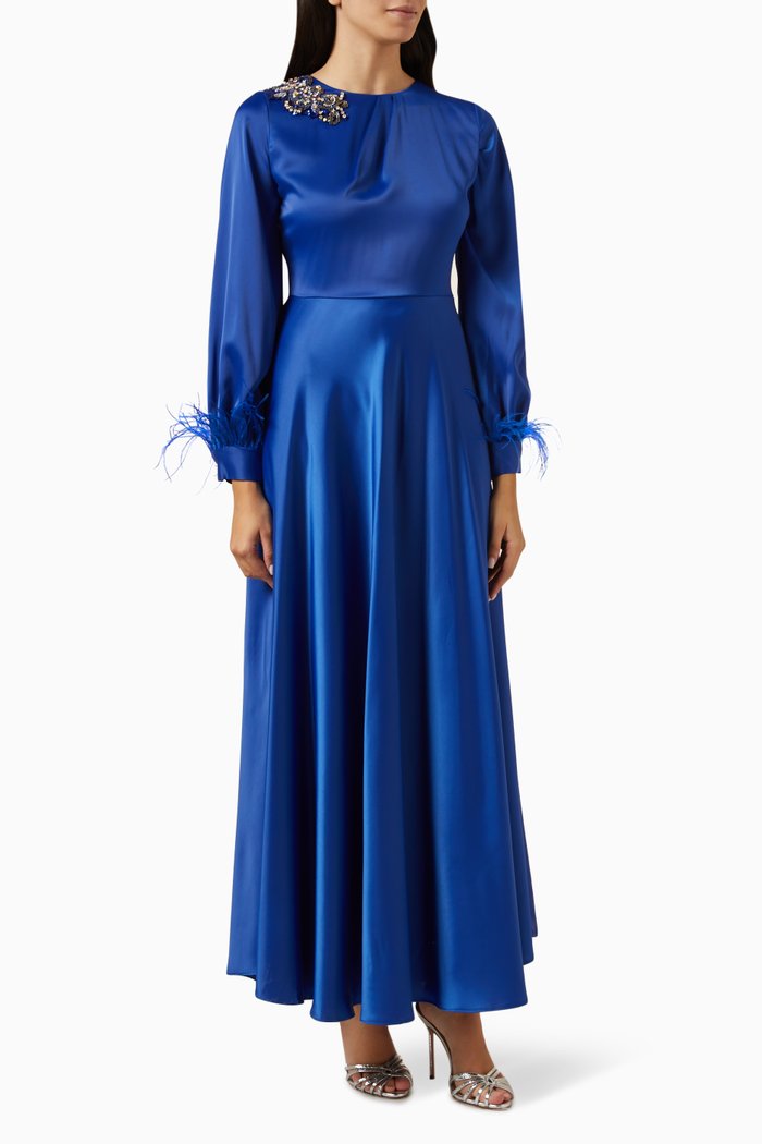 

Embellished Maxi Dress in Satin, Blue