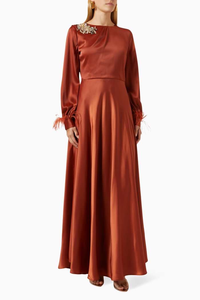 Embellished Maxi Dress in Satin, Brown