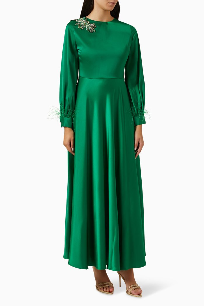 

Embellished Maxi Dress in Satin, Green