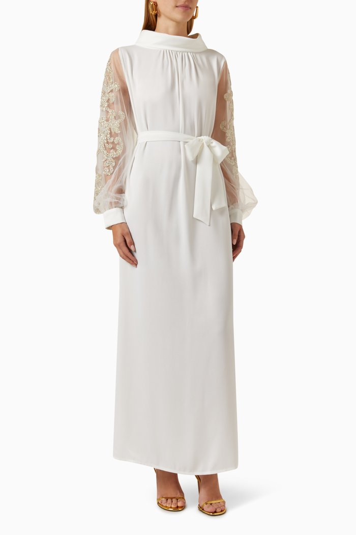 

Embellished Tulle-sleeves Maxi Dress in Crepe, White