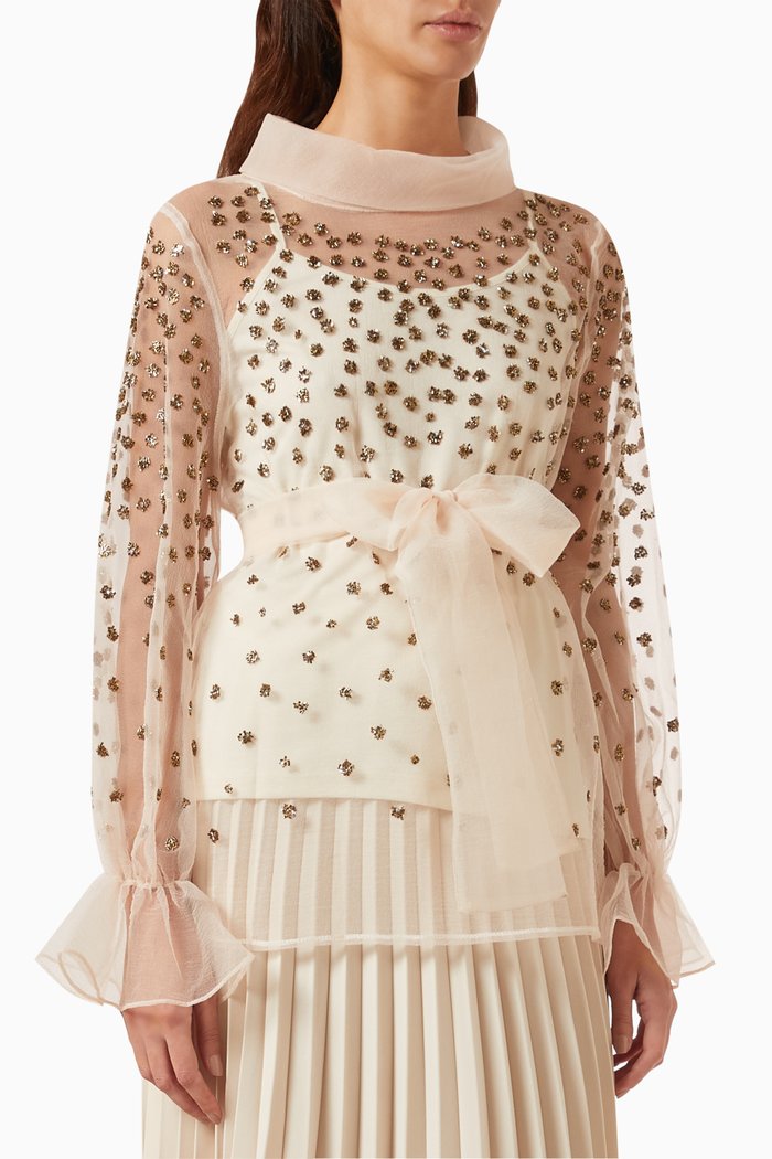 

Embellished High-neck Top in Tulle, Neutral