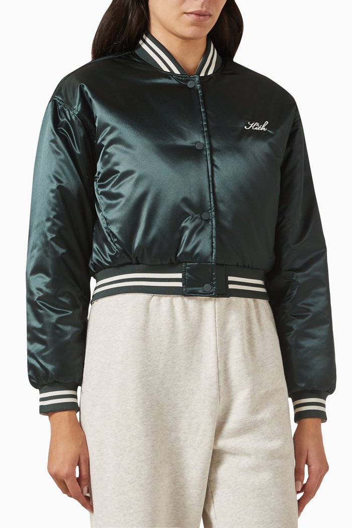 

Landry II Reversible Crop Bomber Jacket in Satin, Green