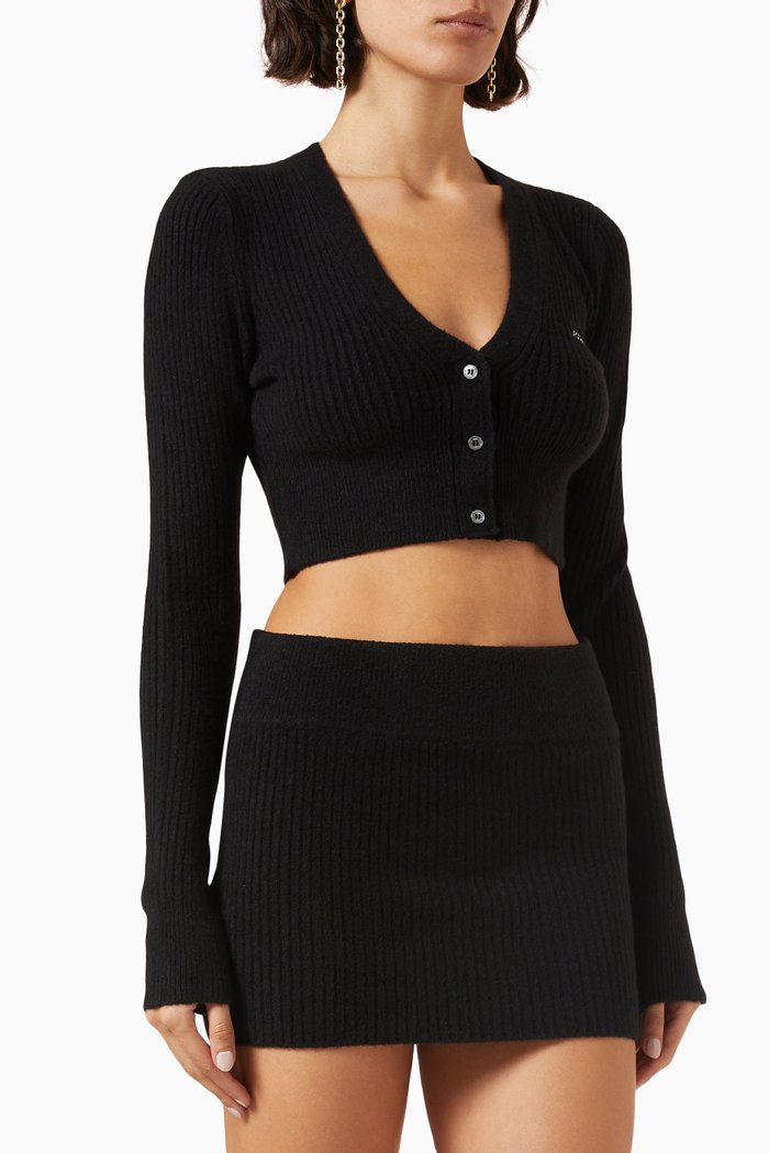 

Cropped Sweater Cardigan in Nylon-blend, Black