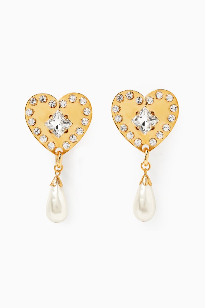 Heart Crystal-embellished Pearl Drop Earrings in Brass, Gold