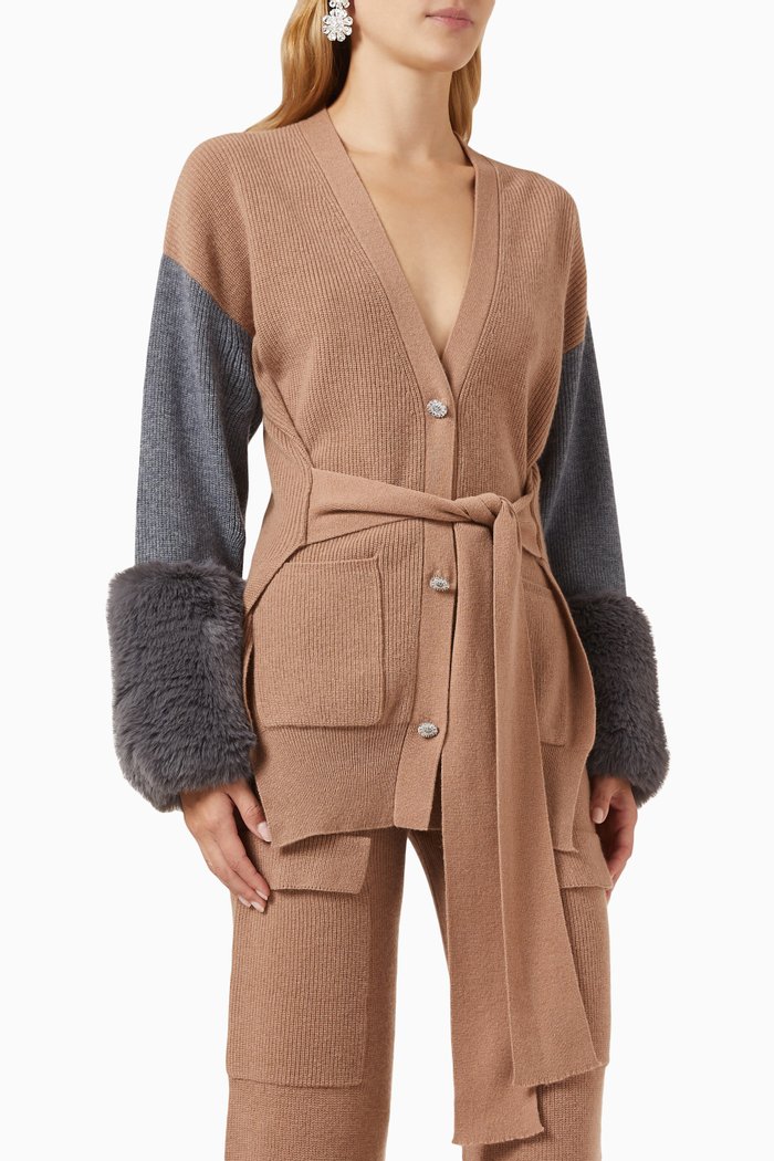 Panelled Belted Cardigan in Merino Cashmere-blend, Multicolour