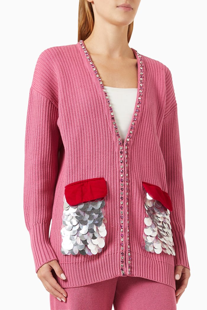 

Velvet & Sequin Pocket Oversized Cardigan in Cotton-knit, Pink